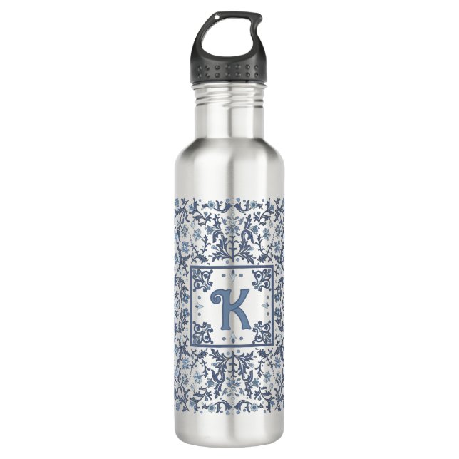 Botella De Agua Patrón gráfico floral azul Fancy Personalizado (Anverso)