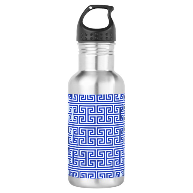 Botella De Agua Patrón griego Meandro Clave Cuadrado H Azul (Anverso)