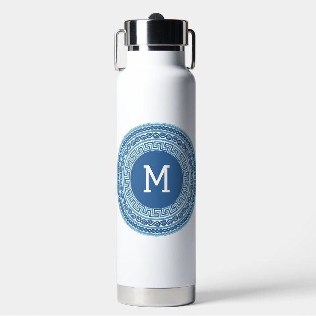 Botella De Agua Patrón griego monograma personalizado (Frente)