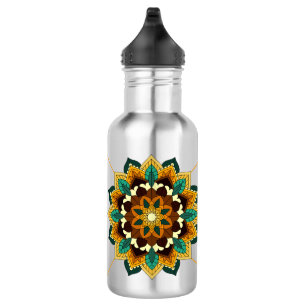 Botella De Agua Patrón Mandala 02 en amarillo y marrón