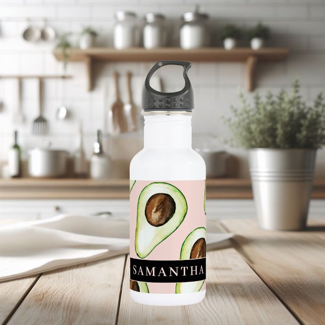 Botella De Agua Patrón Moderno De Aguacate Rosa Y Verde Con Nombre (Subido por el creador)