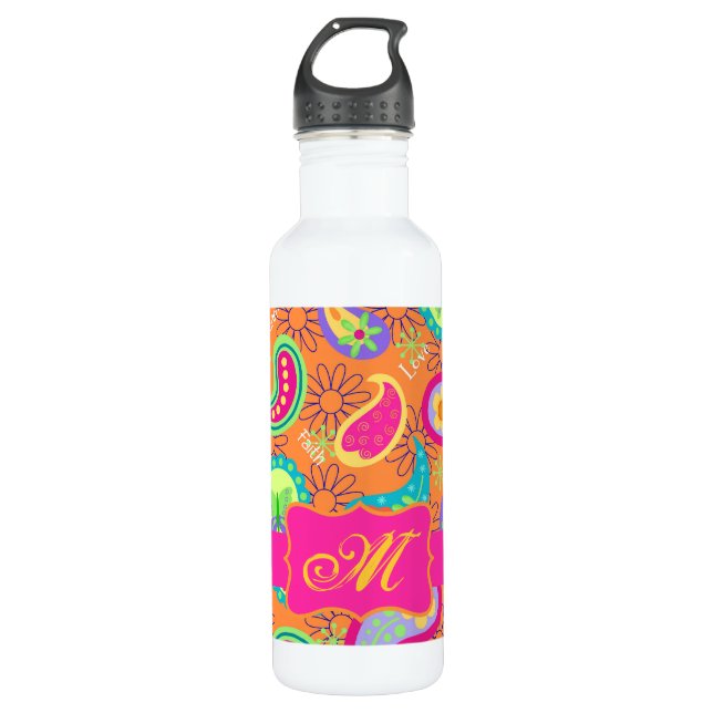 Botella De Agua Patrón naranja moderno Paisley Whimsy (Anverso)