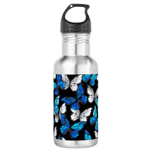 Botella De Agua Patrón oscuro sin costuras con mariposas azules Mo (Anverso)