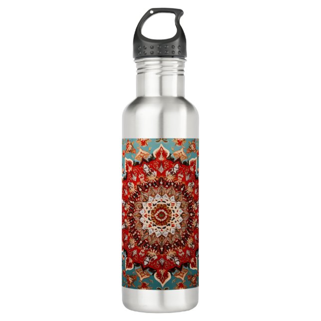 Botella De Agua Patrón persa retro oriental azul crema rojo (Anverso)