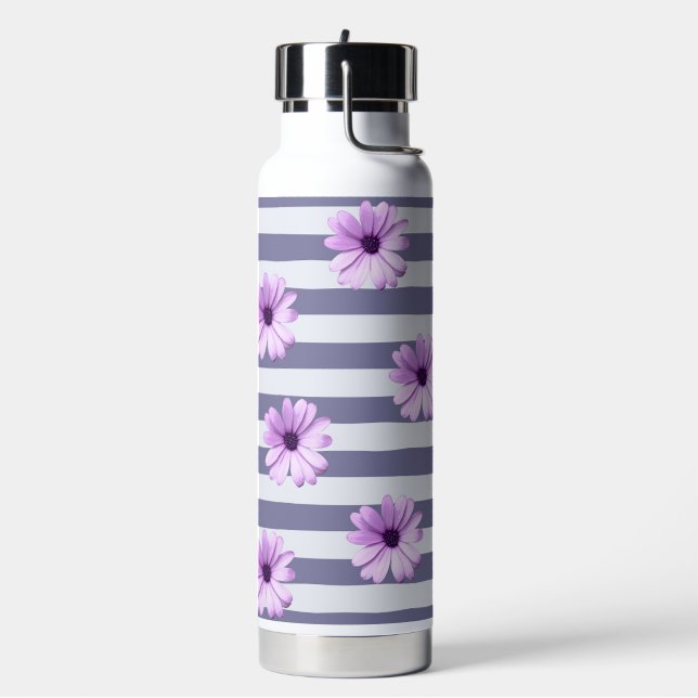 Botella De Agua patrón rayado con margaritas moradas (Izquierda)