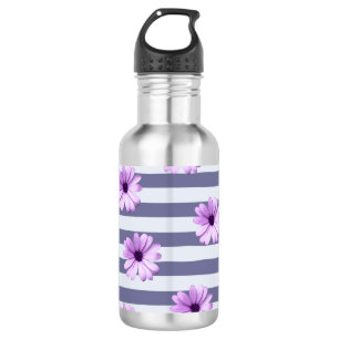 Botella De Agua patrón rayado con margaritas moradas