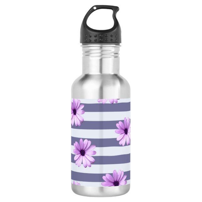 Botella De Agua patrón rayado con margaritas moradas (Anverso)