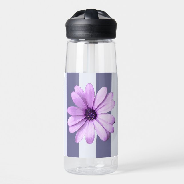 Botella De Agua patrón rayado con margaritas moradas (Delante)