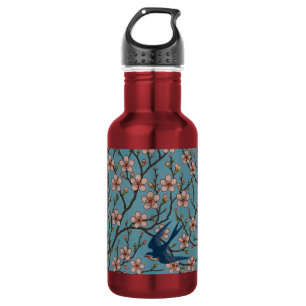 Botella De Agua Patrón Retro de Golondrina Floral Azul de Walter C