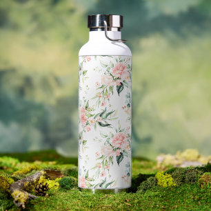 Botella De Agua Patrón suave de flor rosa rosada en pasto