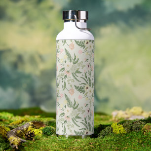 Botella De Agua Patrón suave de flores de jardín verde