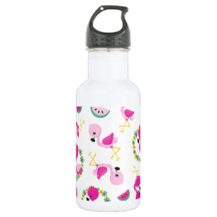 Botella De Agua Patrón tropical, flamencos, sandías, flores