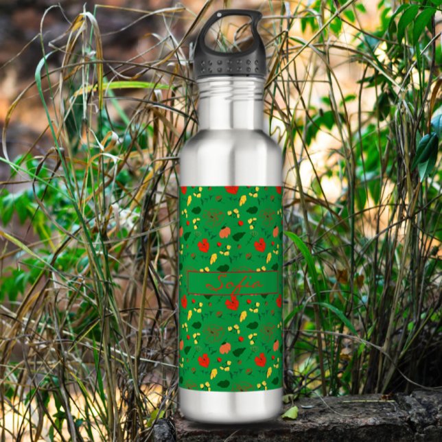 Botella De Agua Patrón verde flores silvestres rojo (Subido por el creador)