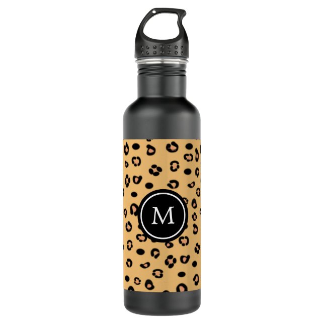 Botella De Agua Patrón y monograma de leopardo moderno (Anverso)