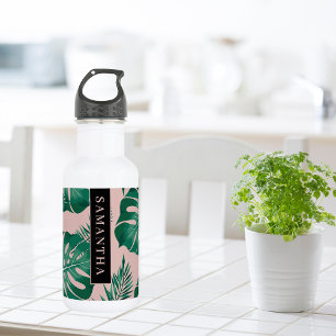 Botella De Agua Patrón y nombre de hojas de palma verde y rosa tro
