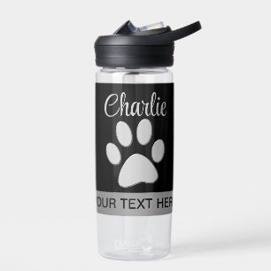 Botella De Agua Paw de perro plateado sobre fondo negro
