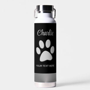 Botella De Agua Paw de perro plateado sobre fondo negro