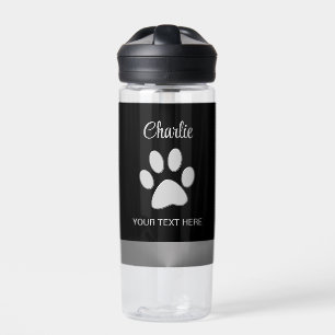 Botella De Agua Paw de perro plateado sobre fondo negro