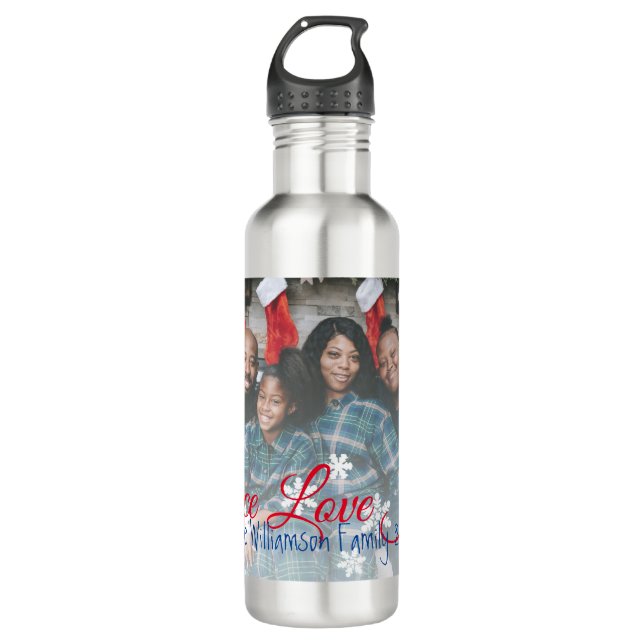 Botella De Agua Peace Love Joy Family Photo Red White Snflake (Anverso)