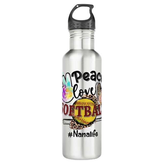 Botella De Agua Peace Love Softball Nana Life Mom Grandma Leopard (Anverso)