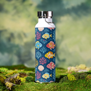 Botella De Agua Peces y coral azul náutico