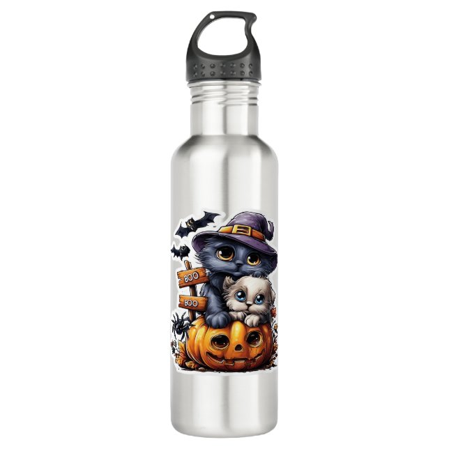 Botella De Agua Pegatina de gatos de Halloween - Gorra de brujas,  (Anverso)