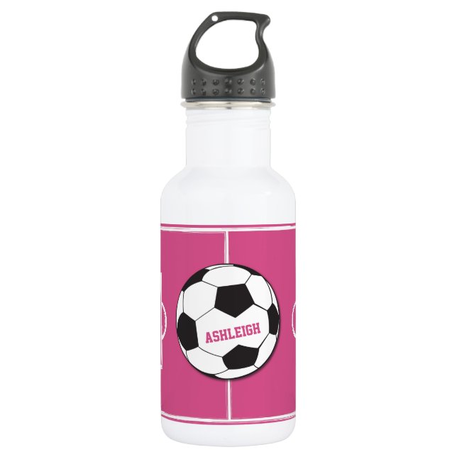 Botella De Agua Pelota de fútbol personalizada y rosa campo (Anverso)