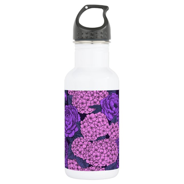 Botella De Agua Peonía e hidrangea en rosa y violeta (Anverso)