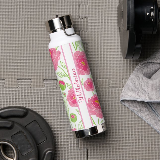 Botella De Agua Peonía floral rosa personalizada (Gimnasio (girado))