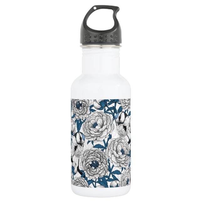 Botella De Agua peonías blancas y aves de teta azul (Anverso)