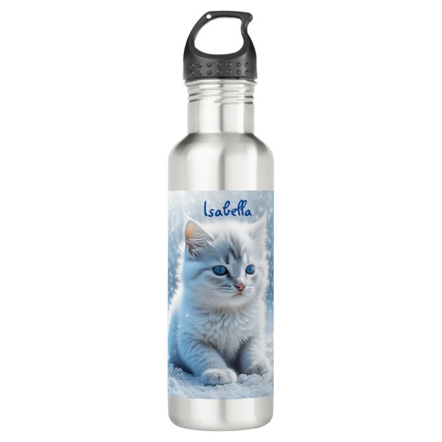 Botella De Agua Pequeño gatito blanco personalizado en la nieve (Anverso)
