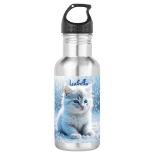 Botella De Agua Pequeño gatito blanco personalizado en la nieve
