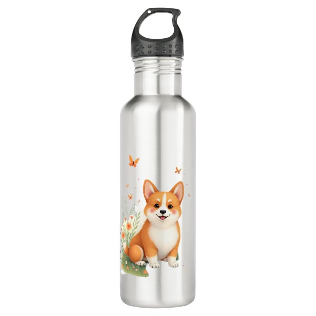 Botella De Agua Perro Akita con flor y camiseta con mariposa (Anverso)