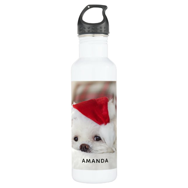 Botella De Agua Perro blanco lindo en un Gorra de Navidades rojos (Anverso)