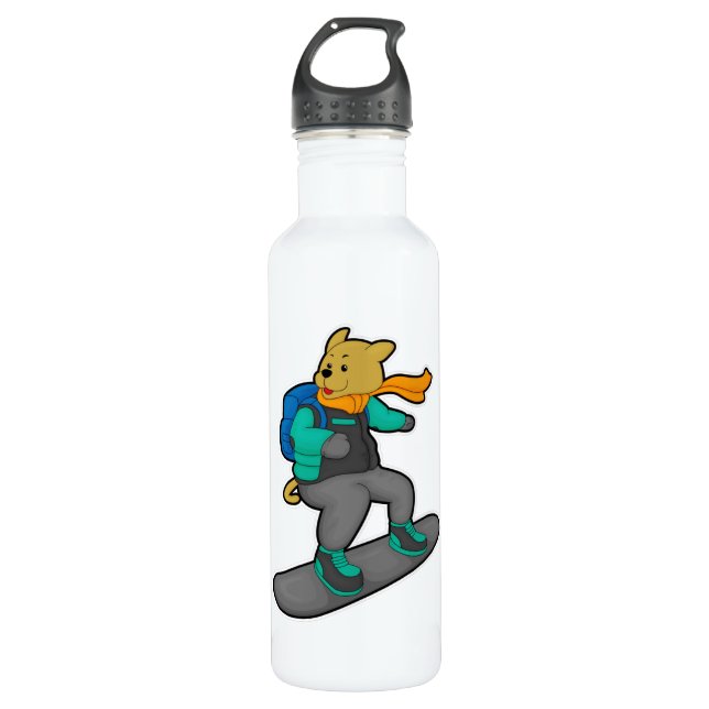 Botella De Agua Perro como snowboard con Snowboard y mochila (Anverso)