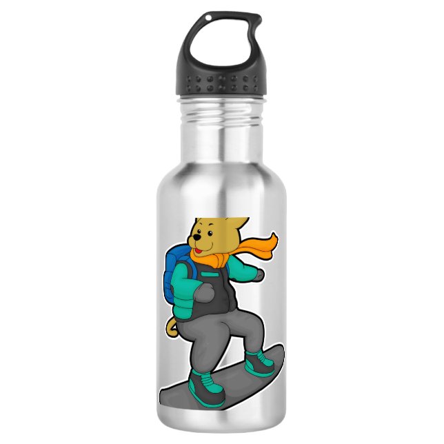 Botella De Agua Perro como snowboard con Snowboard y mochila (Anverso)