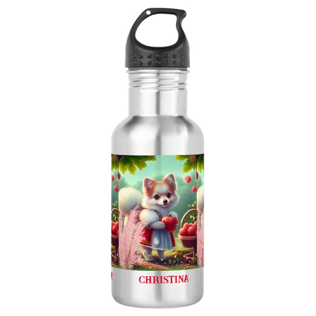 Botella De Agua Perro de cachorro con manzanas nombre personalizad (Anverso)