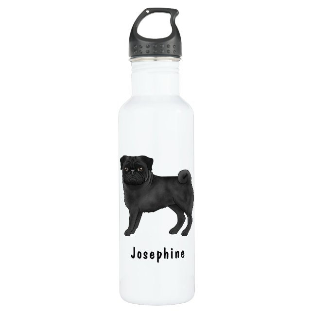 Botella De Agua Perro de caricatura de Black Pug Cute con nombre p (Anverso)