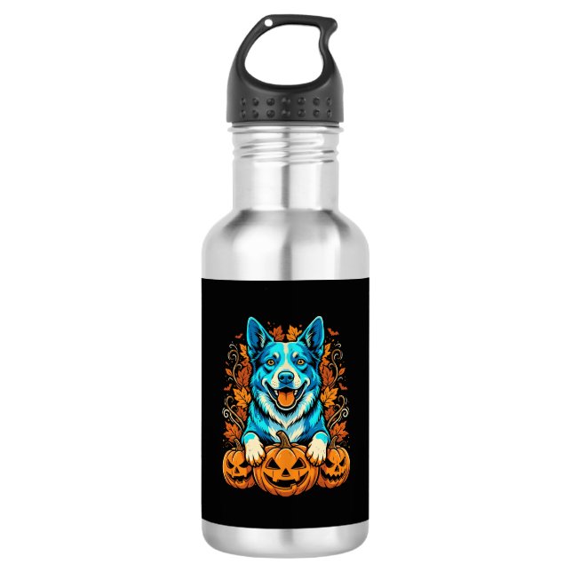 Botella De Agua Perro de Halloween con calabazas de Jack O Lantern (Anverso)