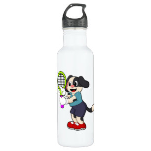 Botella De Agua Perro en tenis con raqueta de tenis