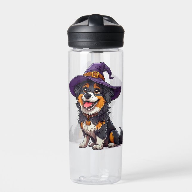 Botella De Agua Perro Feliz con un Sombrero de Bruja (Delante)