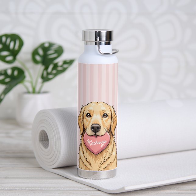 Botella De Agua Perro lindo personalizado con corazón rosa (Yoga)
