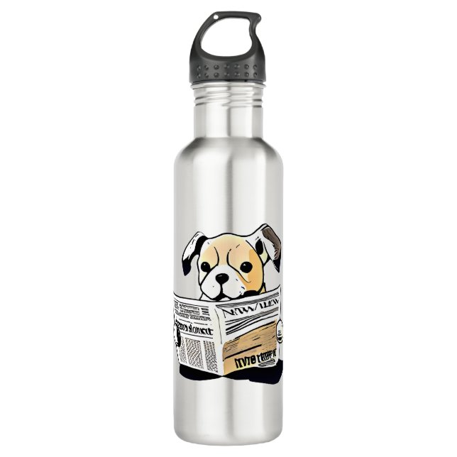 Botella De Agua Perro mediático que lee camiseta de periódico (Anverso)