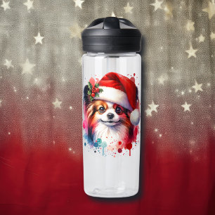 Botella De Agua Perro Papillon en Santa Hat Navidades personalizad