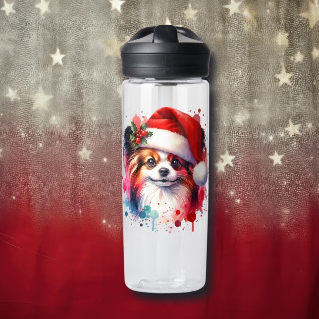 Botella De Agua Perro Papillon en Santa Hat Navidades personalizad (Subido por el creador)