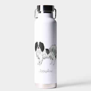 Botella De Agua Perro Phalène Blanco Y Negro Con Nombre Personaliz