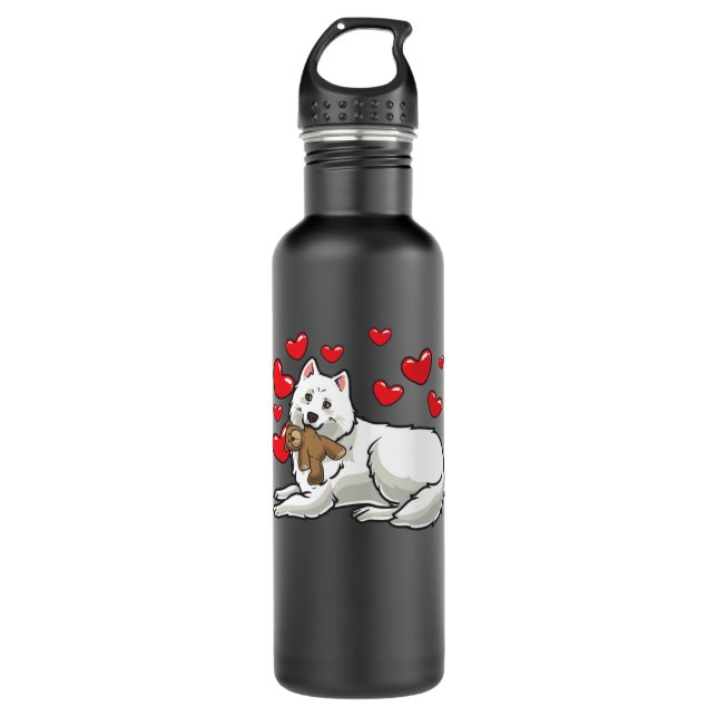 Botella De Agua Perro Samoyado Con Animales Y Corazones Tapados (Anverso)
