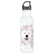 Perro Samoyed y flores rosadas, nombre personaliza