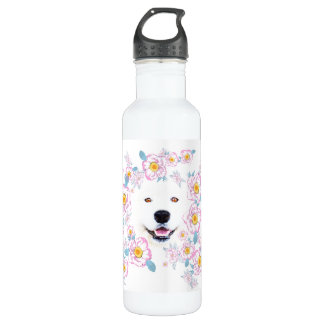 Botella De Agua Perro Samoyed y flores rosadas, nombre personaliza