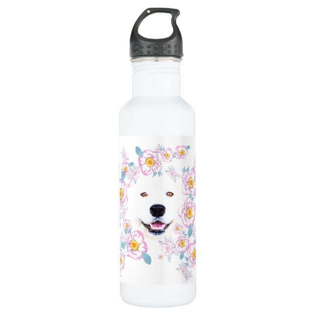 Botella De Agua Perro Samoyed y flores rosadas, nombre personaliza (Anverso)